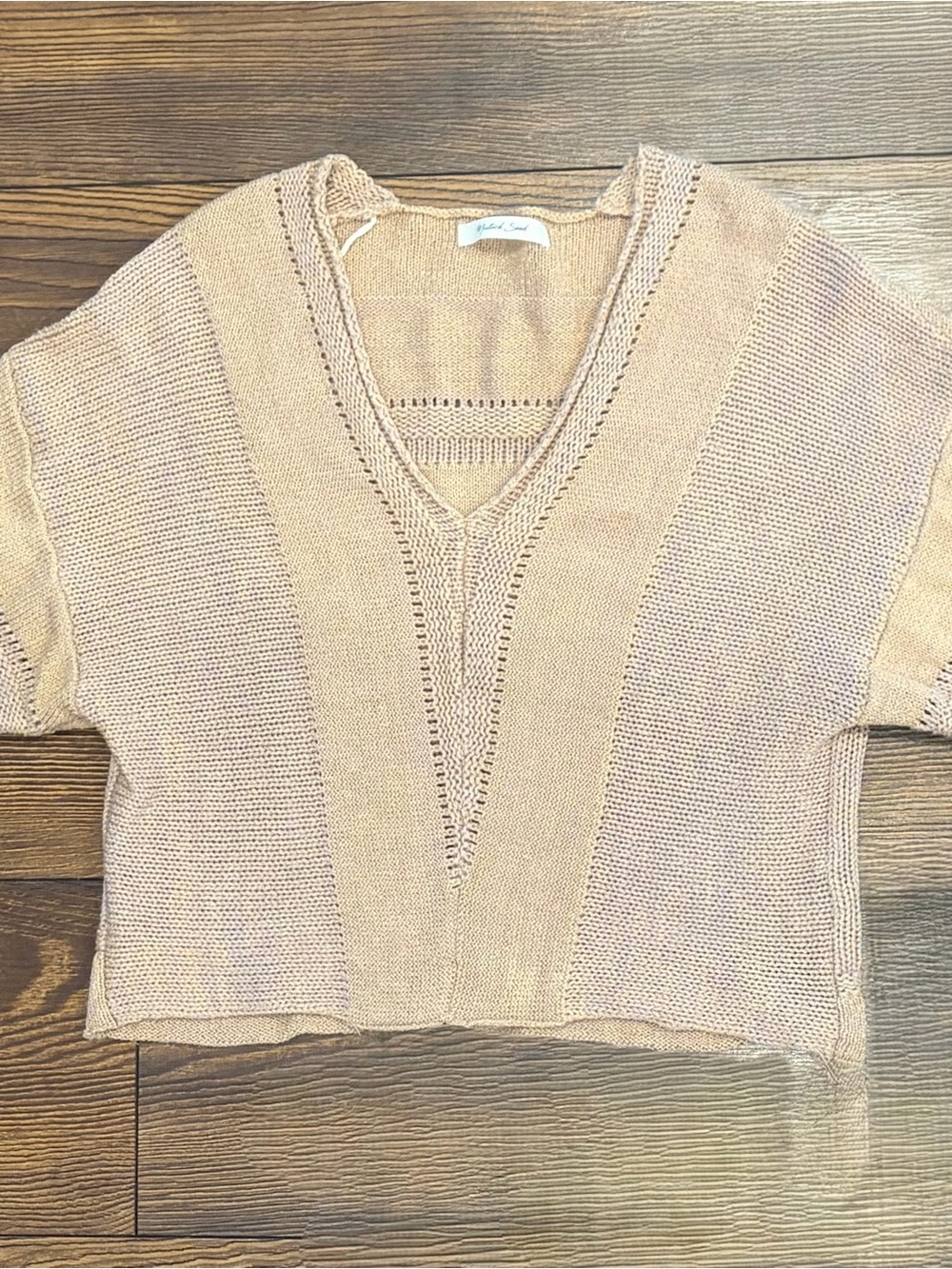 Mustard Seed Boho Mixed Knit V Neck Sweater, Taupe, Size Small